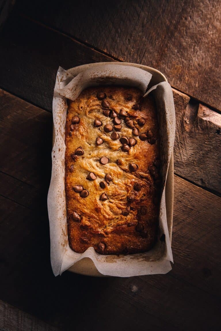 Chocolate Banana Bread in a loaf pan