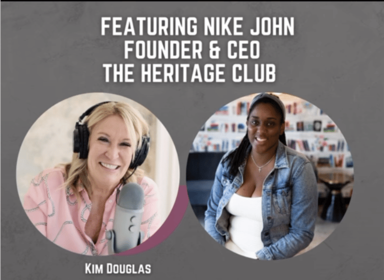 Bold like her podcast featuring image of podcast host Kim Douglas and Nike John, founder of The Heritage Club.